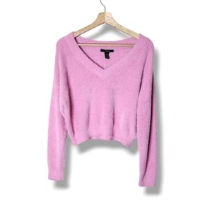 NWT Forever 21 Pink Fuzzy V-Neck Cropped Sweater S Soft Eyelash Knit